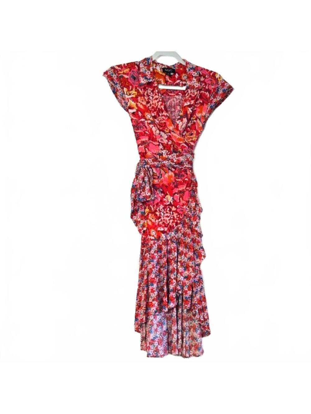 Gigio Red Pink Blue Floral Wrap High-Low Dress Size Small